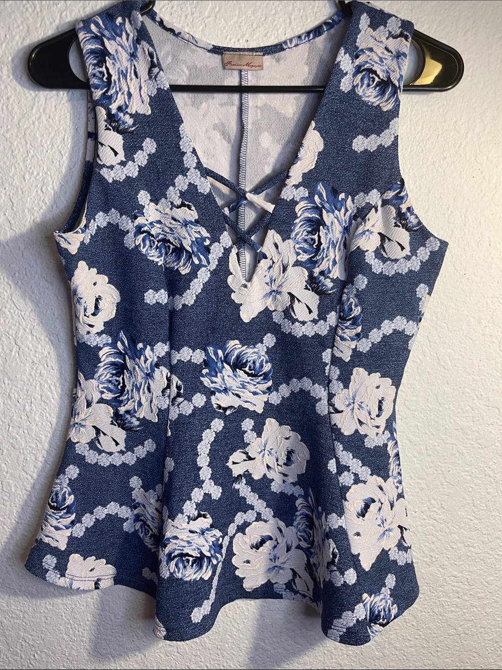 Floral Lace-Up V-Neck Peplum Top - Blue & White